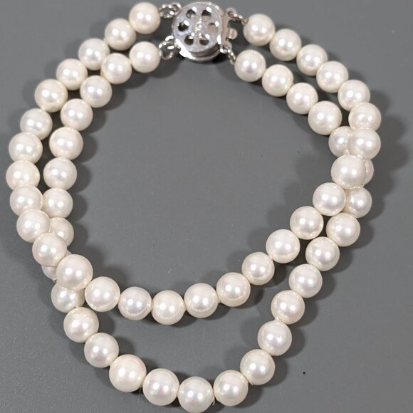 Vintage White Glass Faux Pearl Double Strand Bracelet Elegant Bridal 7" - Picture 7 of 9